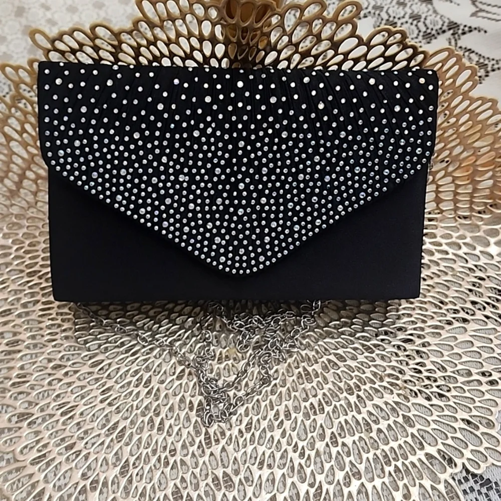 Evening purse black satin with diamonds ,and long silver chain